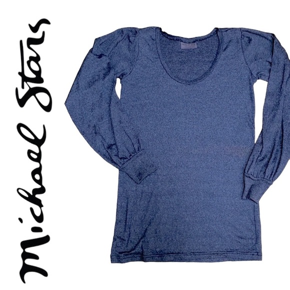 Michael Stars for Anthropologie Blue Metallic Pleated Top Long Sleeve Tee Sz OS - Picture 2 of 11